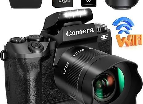 Saneen Digital Camera, 4k Cameras for Photography & Video, 64MP WiFi Touch Screen Vlogging Camera for YouTube with Flash, 32GB SD Card, Lens Hood, 3000mAH Battery, Front and Rear Cameras – Black
